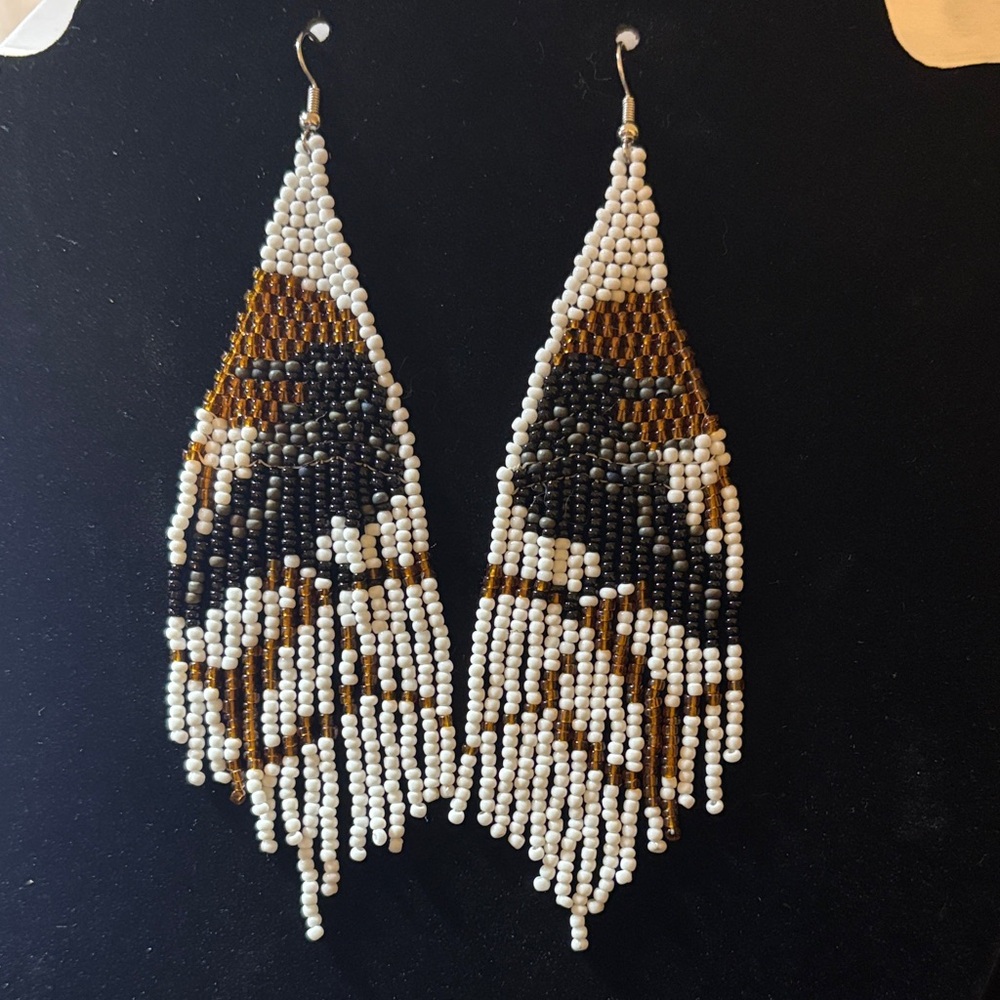 Raven Beaded Fringe Earrings Boho Gothic Statement 5” Black White Gold